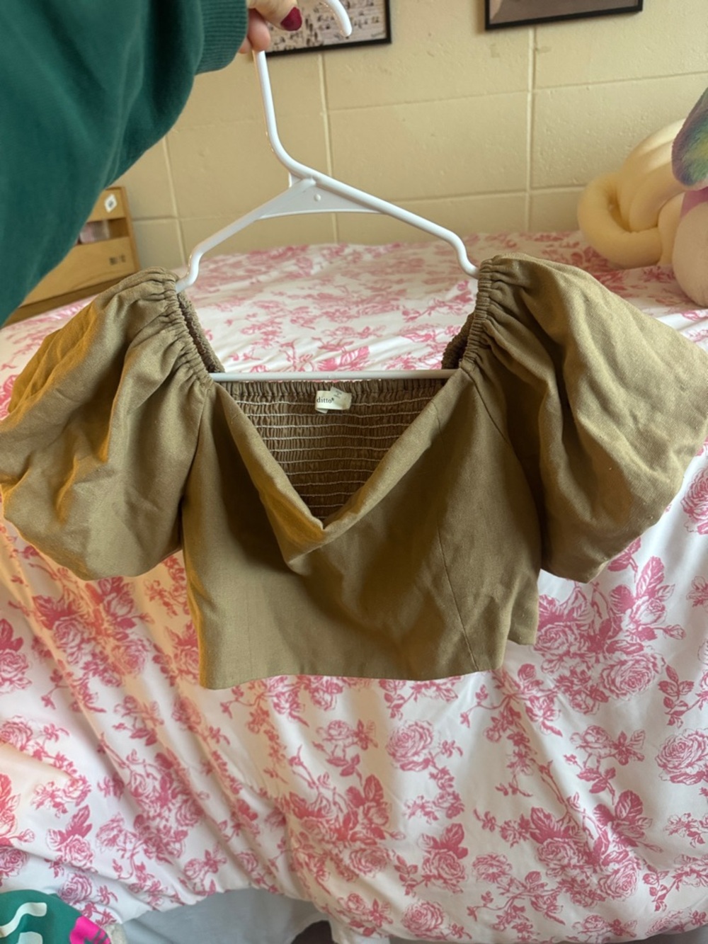 Puff-Sleeve Olive Crop Top with Smocked Back